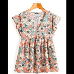 Floral Print Butterfly Sleeve Peplum Top